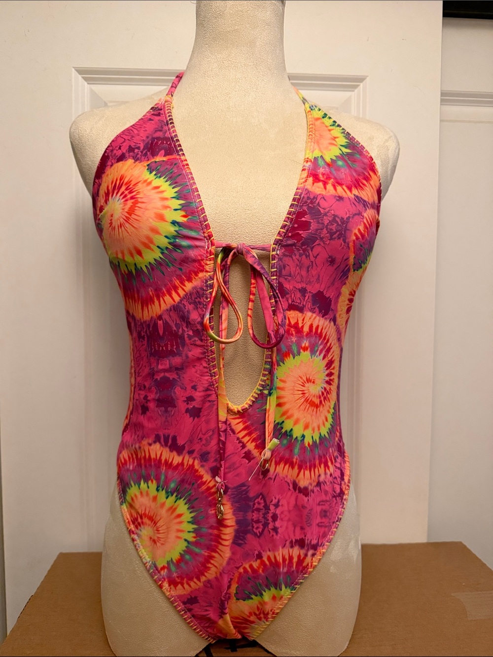Tie-Dye Halter One-Piece Swimsuit - Pink Multi